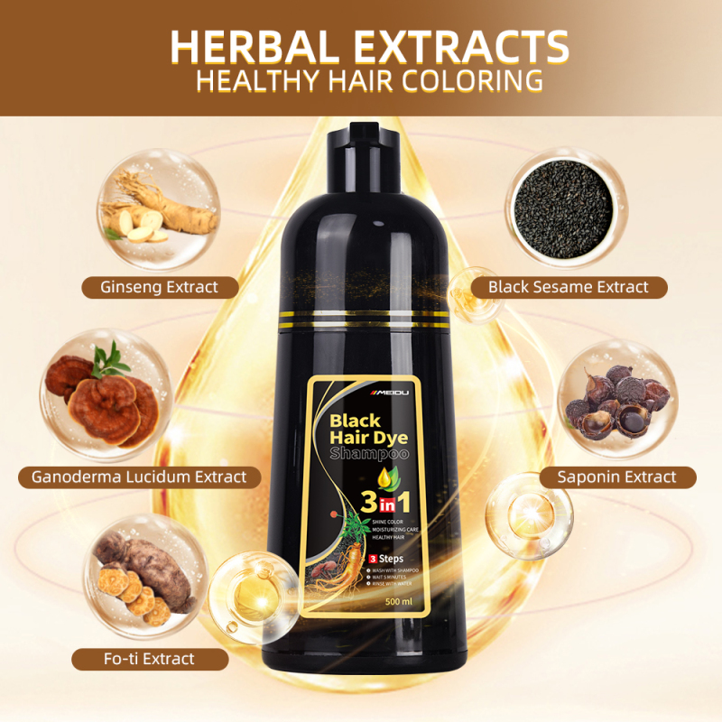 Meidu new Natural Ammonia Free meidu 100% Grey Covering Lasting Effect 500ml 3 in 1 black hair dye shampoo