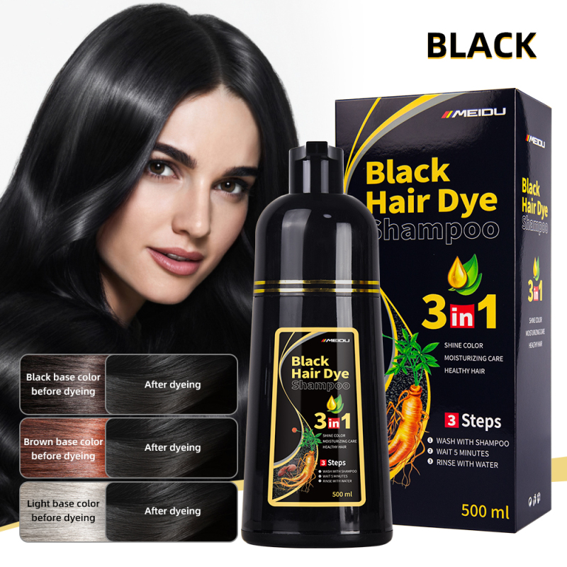 Meidu new Natural Ammonia Free meidu 100% Grey Covering Lasting Effect 500ml 3 in 1 black hair dye shampoo