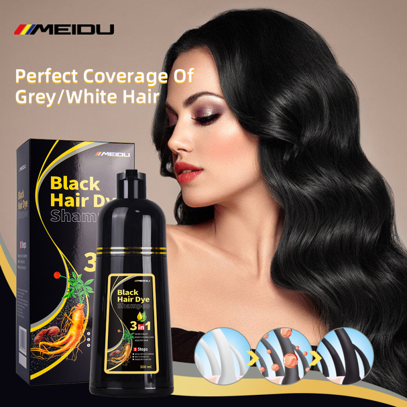 Meidu new Natural Ammonia Free meidu 100% Grey Covering Lasting Effect 500ml 3 in 1 black hair dye shampoo