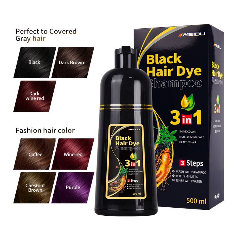 Meidu new Natural Ammonia Free meidu 100% Grey Covering Lasting Effect 500ml 3 in 1 black hair dye shampoo