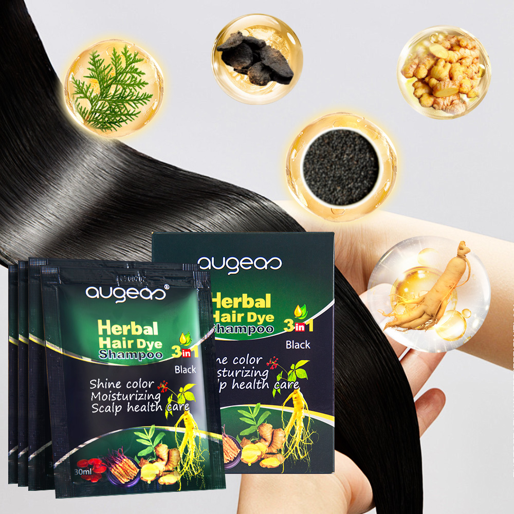 New Augeas Ammonia free 3 In 1 permanent black herbal dark brown sachet black hair dye shampoo