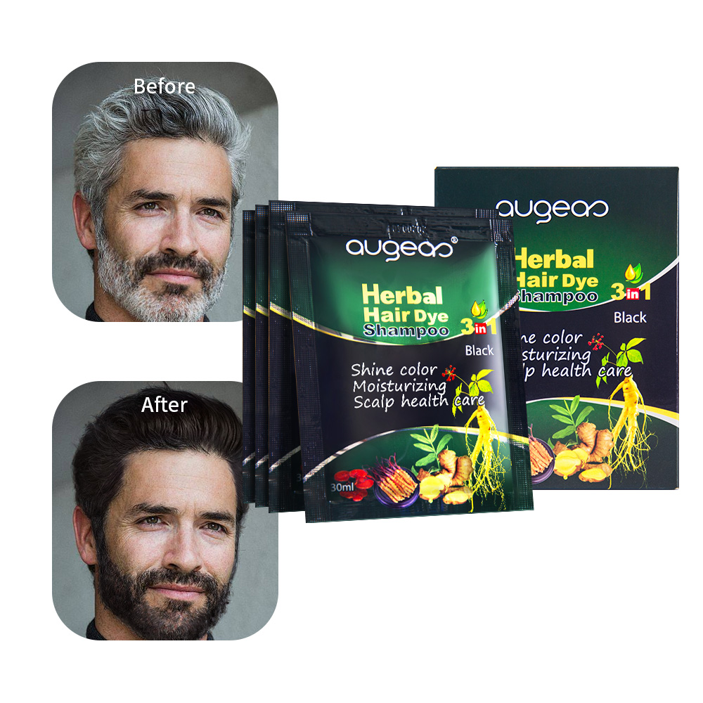 New Augeas Ammonia free 3 In 1 permanent black herbal dark brown sachet black hair dye shampoo