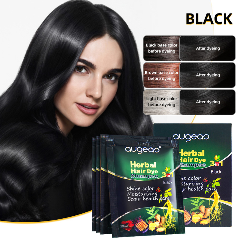 New Augeas Ammonia free 3 In 1 permanent black herbal dark brown sachet black hair dye shampoo
