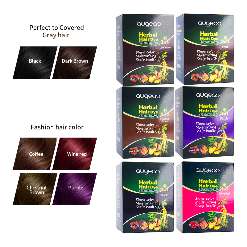 New Augeas Ammonia free 3 In 1 permanent black herbal dark brown sachet black hair dye shampoo
