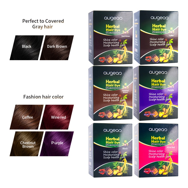 New Augeas Ammonia free 3 In 1 permanent black herbal dark brown sachet black hair dye shampoo