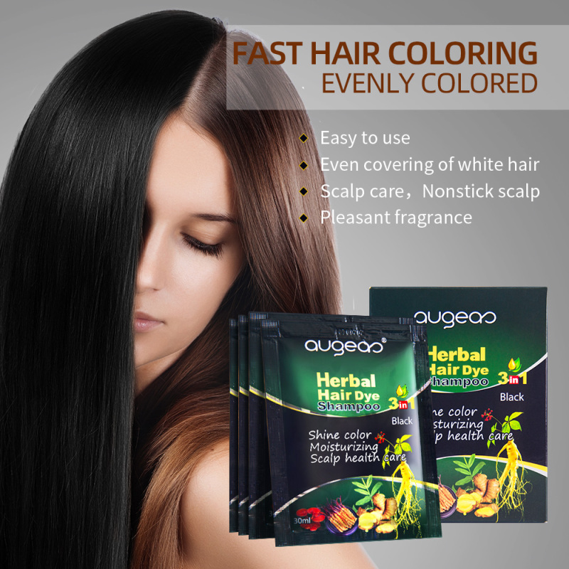 New Augeas Ammonia free 3 In 1 permanent black herbal dark brown sachet black hair dye shampoo