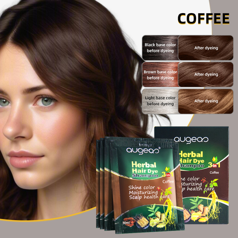 New Augeas Ammonia free 3 In 1 permanent black herbal dark brown sachet black hair dye shampoo