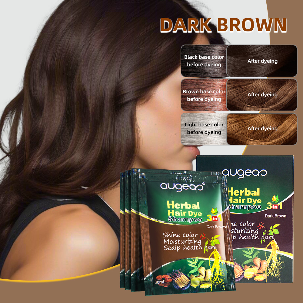 New Augeas Ammonia free 3 In 1 permanent black herbal dark brown sachet black hair dye shampoo