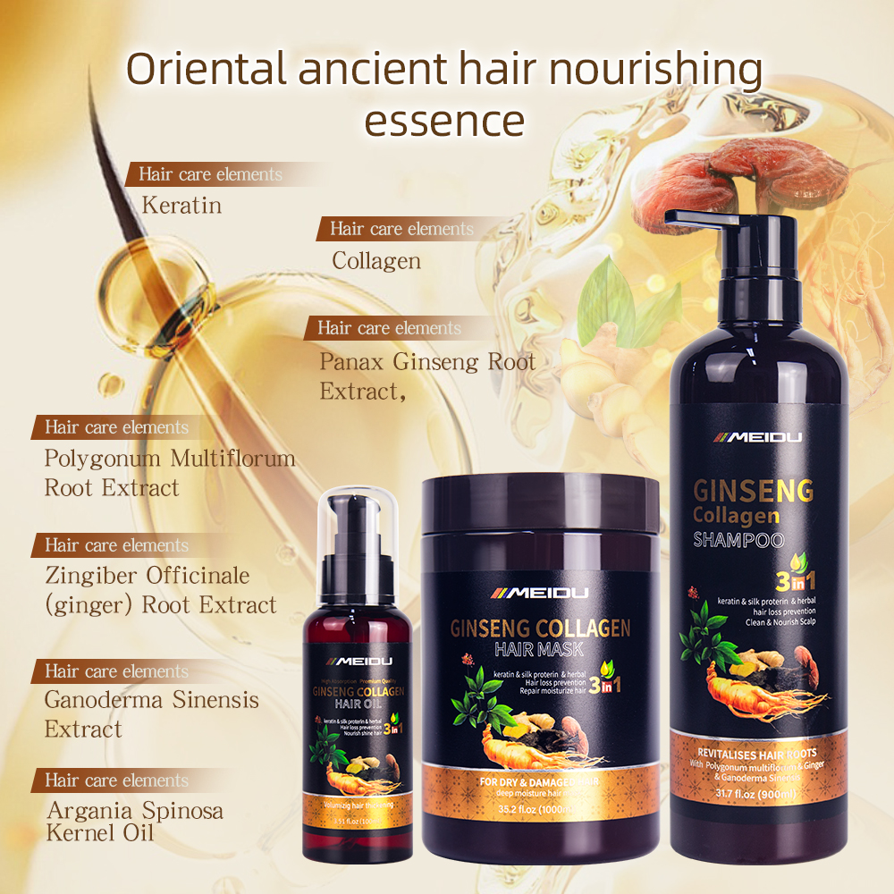 Wholesale meidu collagen herbal ginger natural anti dandruff control oil hair shampoo mask oil hair care set