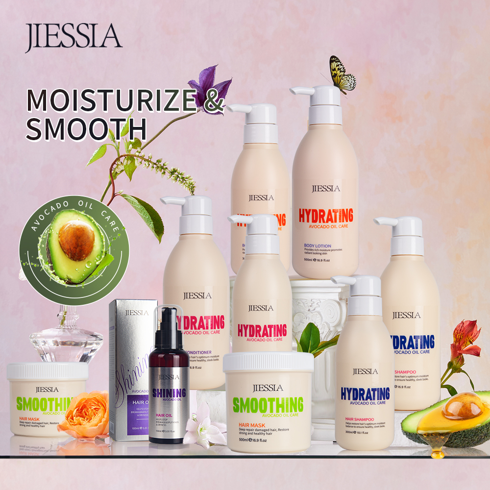 Jiessia Private label anti frizz repair damaged hair care treatment set avocado oil shampoo and conditioner