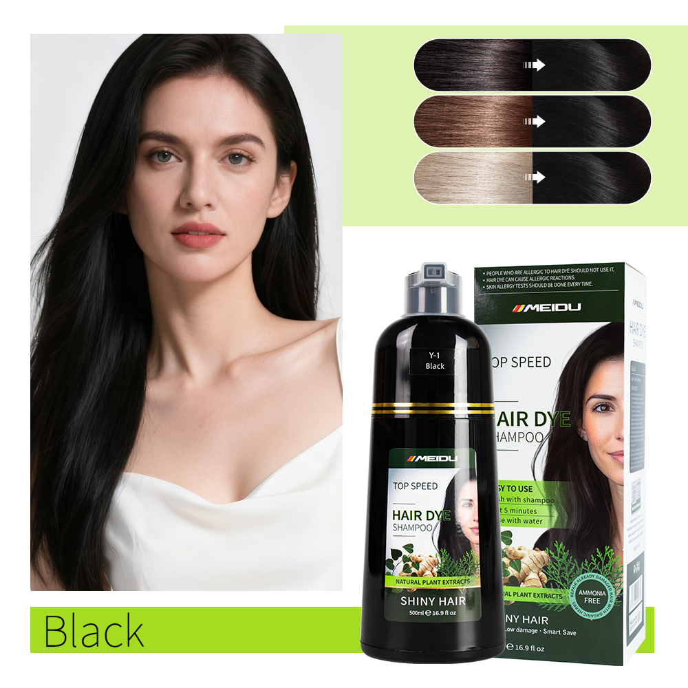 Meidu Ammonia Free Covers Canas White Herbal Dark Brown 3 in 1 Black Hair Dye Shampoo for Gray Hair