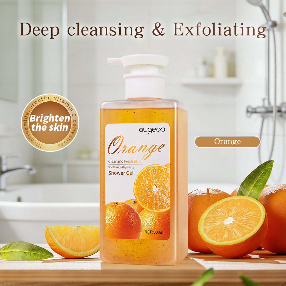 Private Label Skin Brightening Foam Exfoliat Scrub Body Wash Coconut Tumeric Vitamin C Kojic Acid Papaya Orange Shower Gel Set