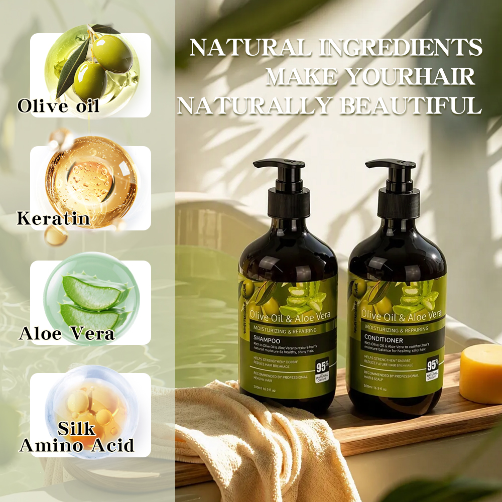 New Products Moisturizing Repair Damaged Hair Anti-Dandruff Anti-Frizz Refreshing Smoothing Hair Care Set 500ml Olive Oil Aloe Vera Shampoo