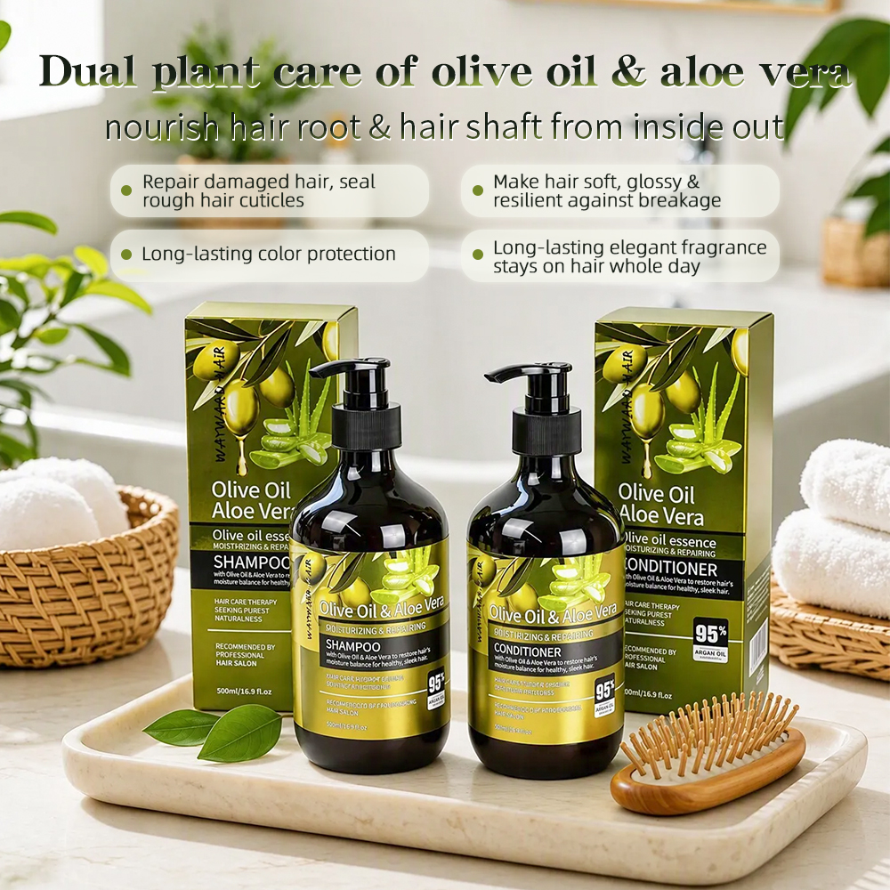 New Products Moisturizing Repair Damaged Hair Anti-Dandruff Anti-Frizz Refreshing Smoothing Hair Care Set 500ml Olive Oil Aloe Vera Shampoo