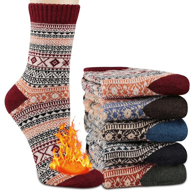 Wool Socks for Women - 5 Pairs Women Warm Wool Socks Thick Knit Vintage  Winter Cozy Crew Socks Gifts