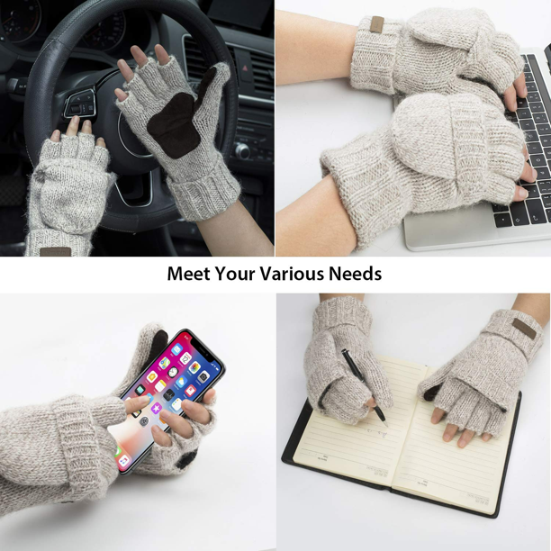 COOPLUS Mittens Winter Fingerless Gloves Warm Wool Knitted Gloves  Convertible Gloves for Men and Women