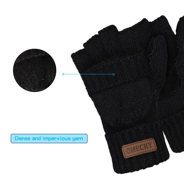 COOPLUS Winter Mittens Fingerless Gloves Wool Knitted Warm Gloves Convertible Gloves Men and Women
