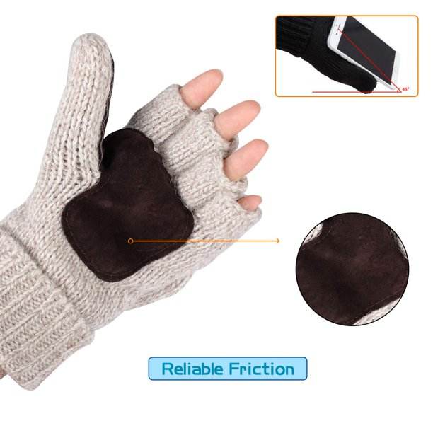 Women Winter Warm Wool Knitted Convertible Fingerless Gloves With