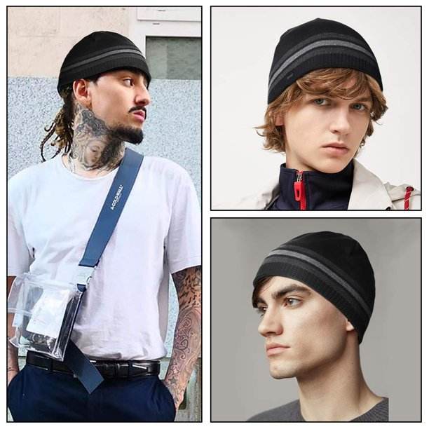 COOPLUS Slouchy Hats for Men Warm Winter Hats Mens Beanie Cap Lined Knit Cuff Daily Beanie Hat （Black 1 Piece）