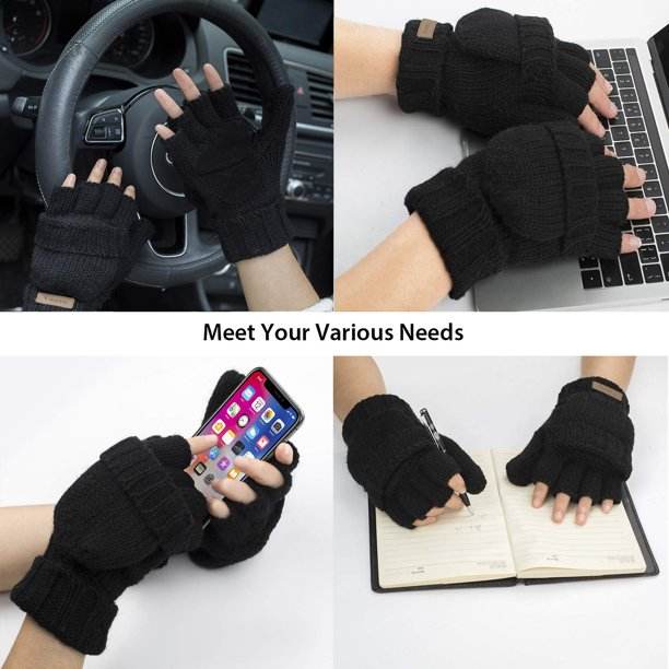 COOPLUS Winter Mittens Fingerless Gloves Wool Knitted Warm Gloves Convertible Gloves Men and Women