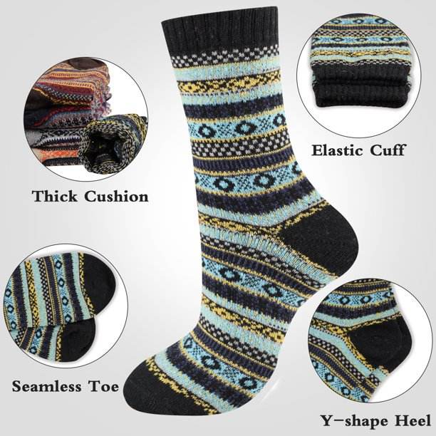COOPLUS Mens Wool Crew Socks Warm Knit Vintage Socks for Men Thermal Thick Socks 5 Pairs