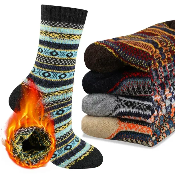 COOPLUS Mens Wool Crew Socks Warm Knit Vintage Socks for Men Thermal Thick Socks 5 Pairs