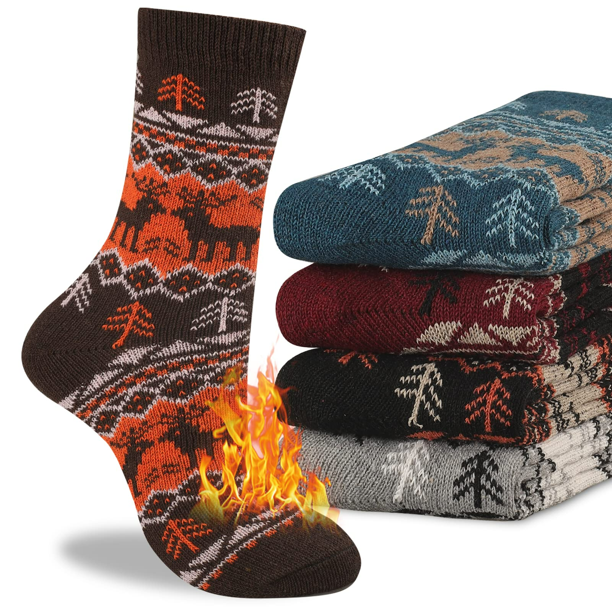 COOPLUS Mens Wool Crew Socks Warm Knit Vintage Socks for Men Thermal Thick Socks 5 Pairs