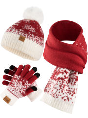 COOPLUS Christmas Hat Scarf Gloves Set for Kids Winter Soft Hat and Neck Warmer Gloves Set