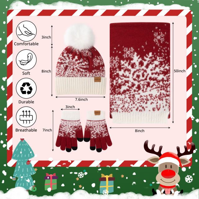 COOPLUS Christmas Hat Scarf Gloves Set for Kids Winter Soft Hat and Neck Warmer Gloves Set