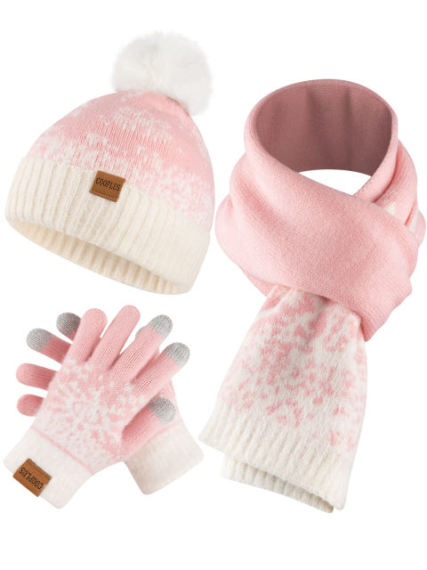 COOPLUS Christmas Hat Scarf Gloves Set for Kids Winter Soft Hat and Neck Warmer Gloves Set