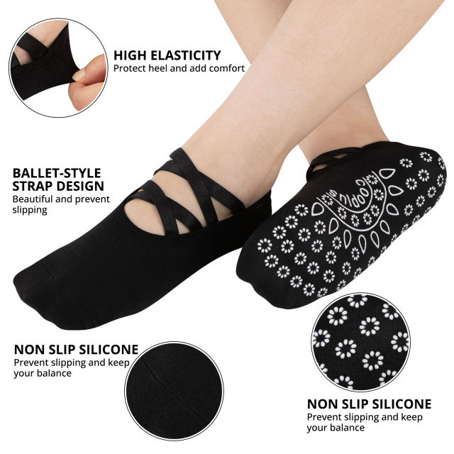 COOPLUS Non Slip Pilates Socks With Grips Straps For Women Yoga Barefoot Workout,Dance,Ballet,Hospital Socks