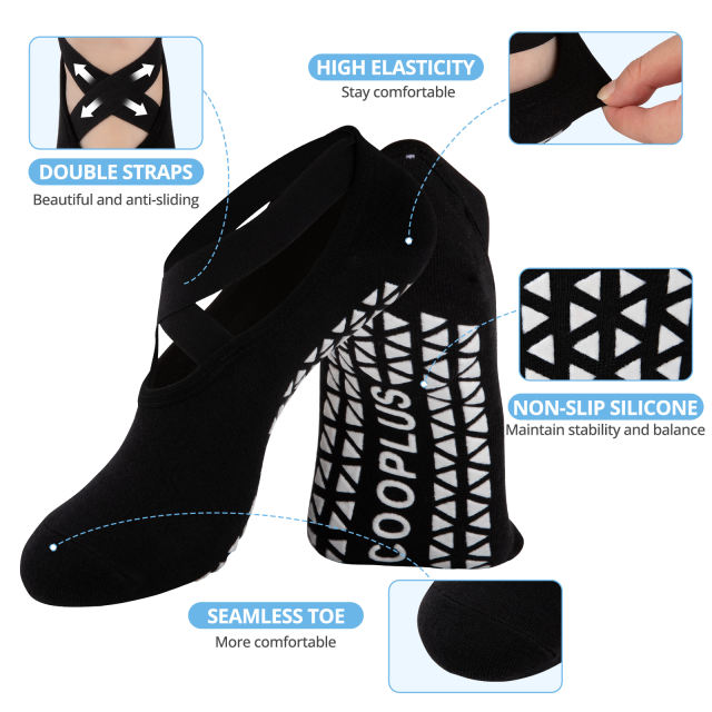 COOPLUS Womens Pilates Socks Non-Slip Grips With Straps Yoga Socks For Women Dance,Ballet,Workout