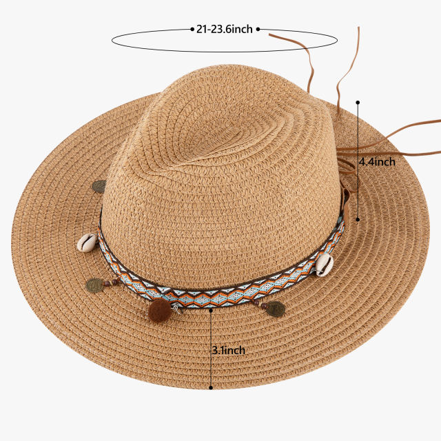 COOPLUS Womens Summer Straw Hat Wide Brim Foldable Panama Sun Protection Hat Boho Decorative Bands For Women