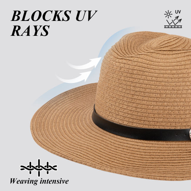 COOPLUS Straw Sun Hat For Women Wide Brim UV Protection Panama Hat for Beach and Travelling