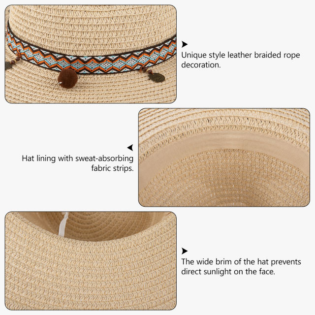 COOPLUS Womens Summer Straw Hat Wide Brim Foldable Panama Sun Protection Hat Boho Decorative Bands For Women