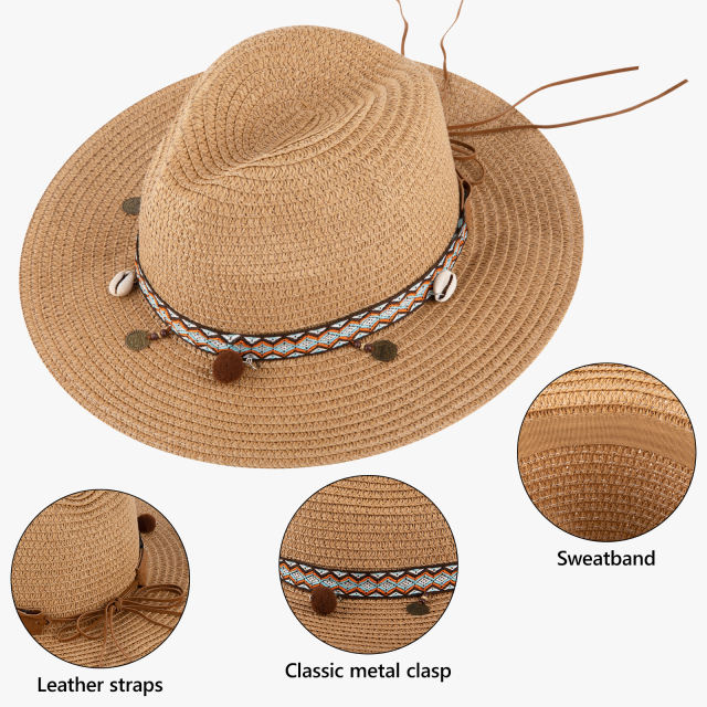 COOPLUS Womens Summer Straw Hat Wide Brim Foldable Panama Sun Protection Hat Boho Decorative Bands For Women