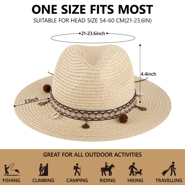 COOPLUS Womens Summer Straw Hat Wide Brim Foldable Panama Sun Protection Hat Boho Decorative Bands For Women