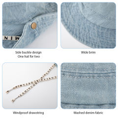 COOPLUS Womens Denim Cowboy Hat Two Ways To Wear Adjustable Chin Strap Hat Foldable Beach Sun Bucket Hat For Summer