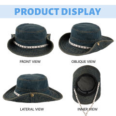 COOPLUS Womens Denim Cowboy Hat Two Ways To Wear Adjustable Chin Strap Hat Foldable Beach Sun Bucket Hat For Summer