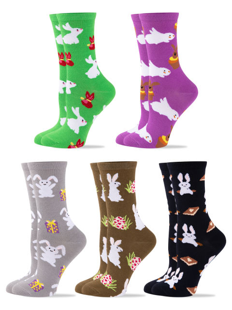 COOPLUS 5 Pairs Easter Socks for Women Novelty Rabbit Egg Chick Pattern Socks for Easter Party Gift