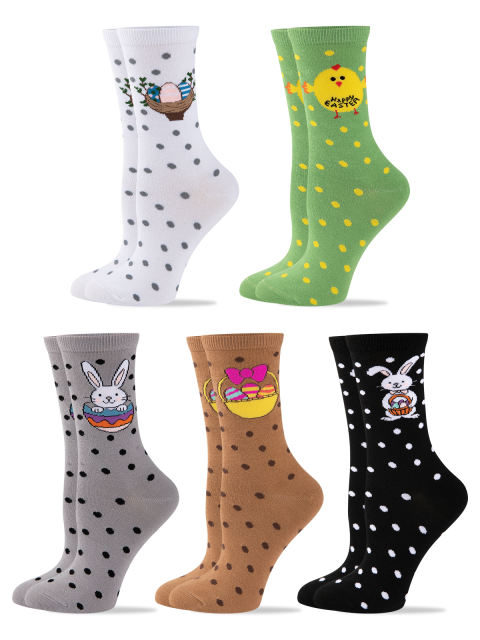 COOPLUS 5 Pairs Easter Socks for Women Novelty Rabbit Egg Chick Pattern Socks for Easter Party Gift