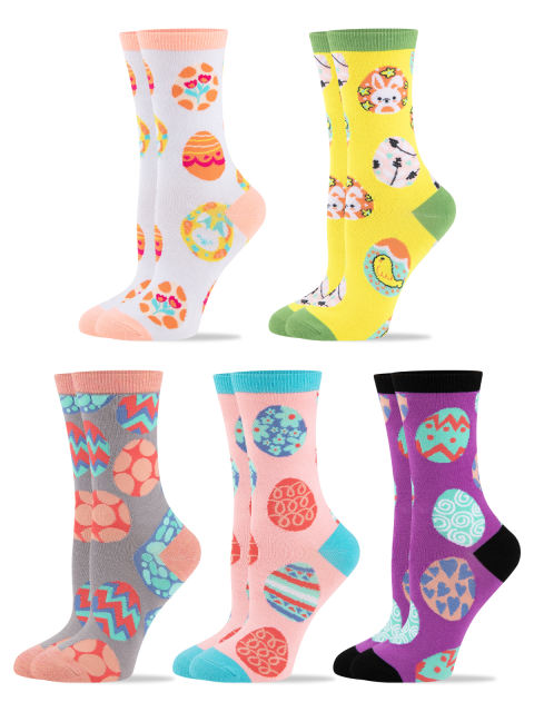 COOPLUS Womens Easter Socks Fun Multi-Colored Egg Pattern Socks for Women Holiday Gifts 5 pairs