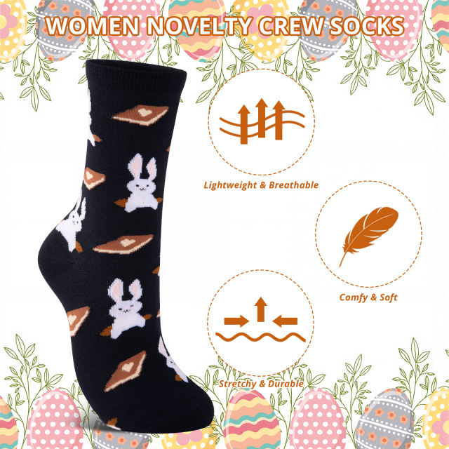 COOPLUS 5 Pairs Easter Socks for Women Novelty Rabbit Egg Chick Pattern Socks for Easter Party Gift