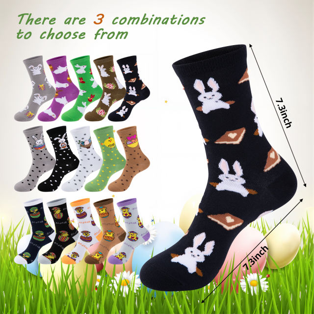 COOPLUS 5 Pairs Easter Socks for Women Novelty Rabbit Egg Chick Pattern Socks for Easter Party Gift