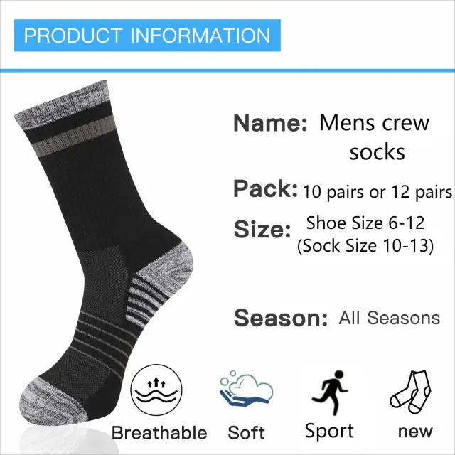 COOPLUS 10Pairs Mens Long Socks Lightweight Crew Hiking Socks