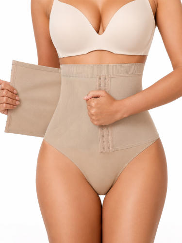 COOPLUS High Waisted Tummy & Butt Lifter Thong Shapewear for Women, Adjustable Hook-and-Eye Firm Compression Waist Cincher