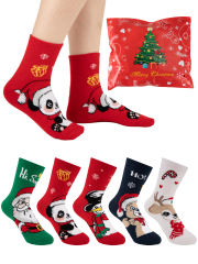 COOPLUS Kids Christmas Socks 5 Pairs Boys Girls Fuzzy Soft Cartoon Holiday Gift Set Gift Bag Greeting Card