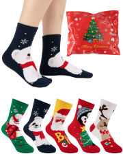 COOPLUS Kids Christmas Socks 5 Pairs Boys Girls Fuzzy Soft Cartoon Holiday Gift Set Gift Bag Greeting Card