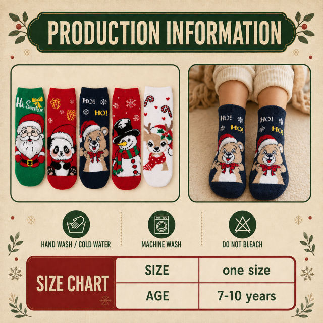 COOPLUS Kids Christmas Socks 5 Pairs Boys Girls Fuzzy Soft Cartoon Holiday Gift Set Gift Bag Greeting Card