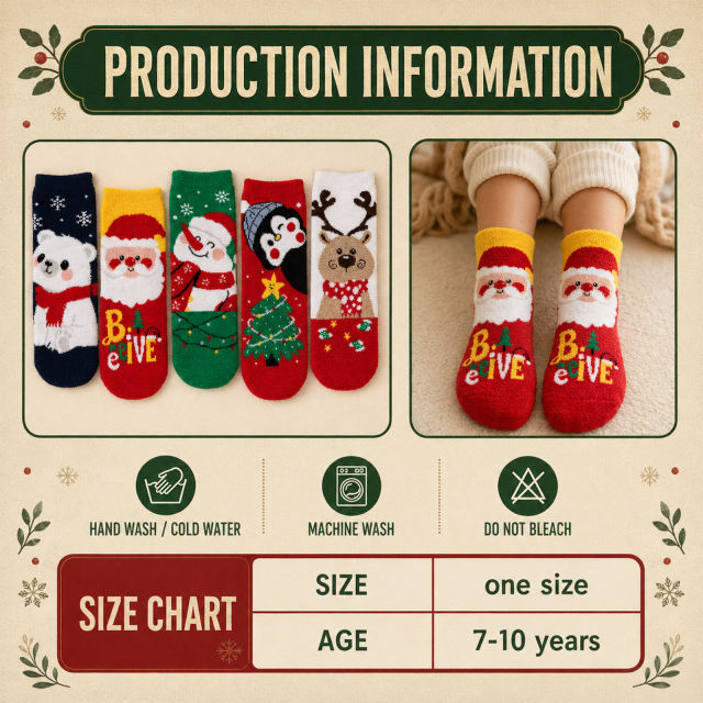 COOPLUS Kids Christmas Socks 5 Pairs Boys Girls Fuzzy Soft Cartoon Holiday Gift Set Gift Bag Greeting Card
